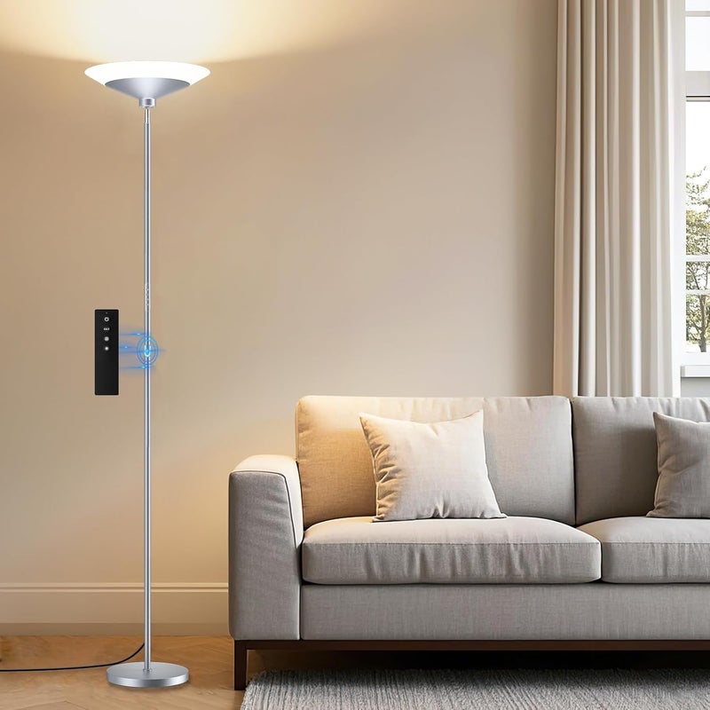 SIBRILLE Silver Torchiere Floor Lamp - 30W Dimmable LED Standing Lamp with Remote/Button Control, 1800Lm, 3000-6500K, 72in Bright Standing Pole Light for Living Room Bedroom Office Corner - Image 1